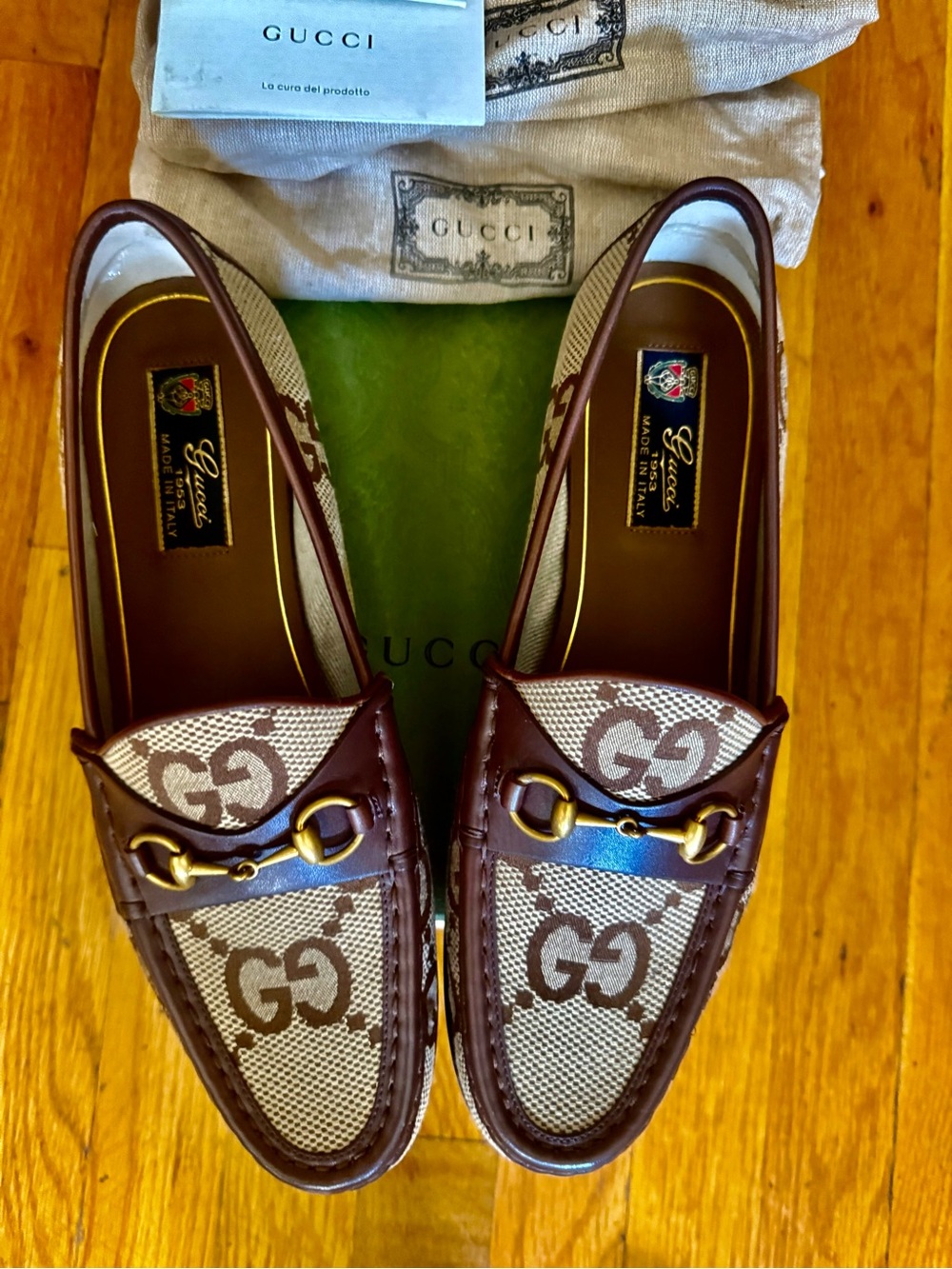 Gucci Brown & Beige GG Canvas Leather Horsebit Loafers